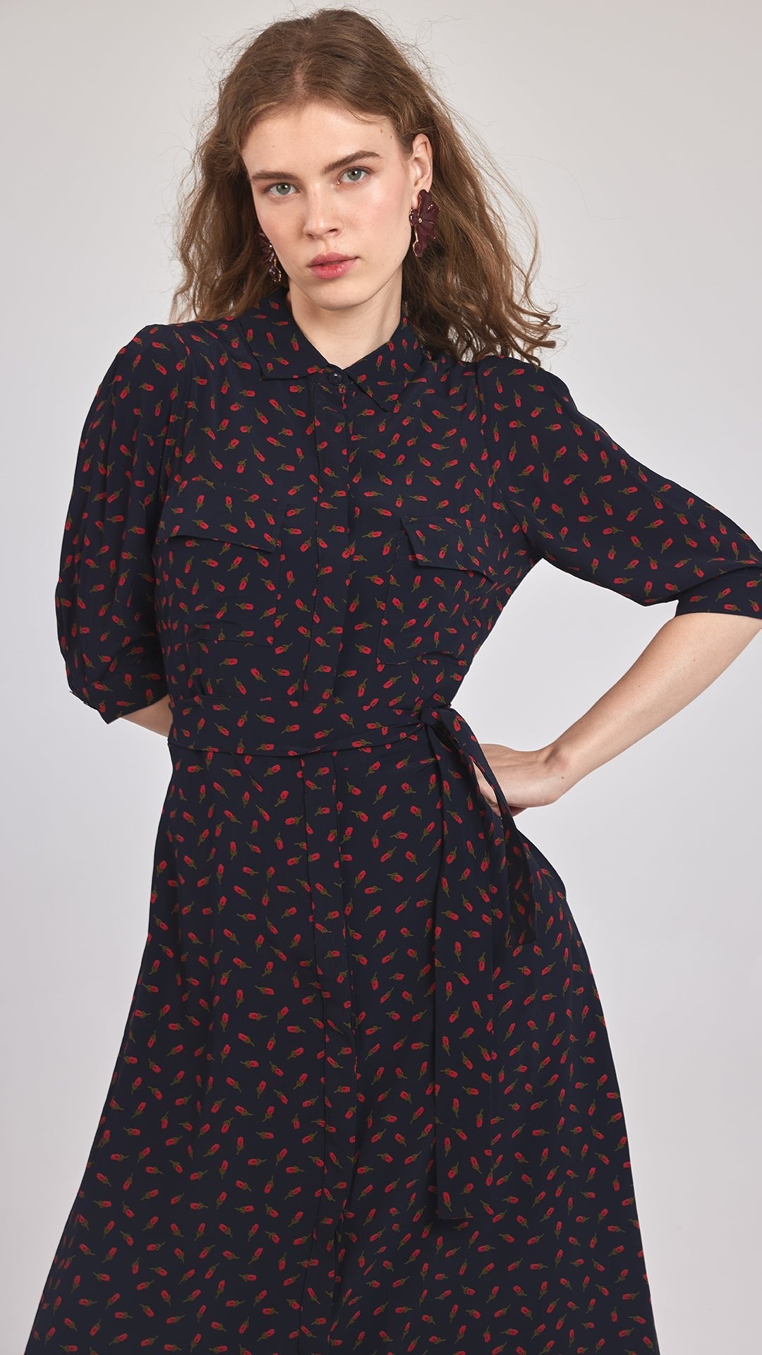 ROSİE - Desenli Kuşaklı Gömlek Elbise - Aíla